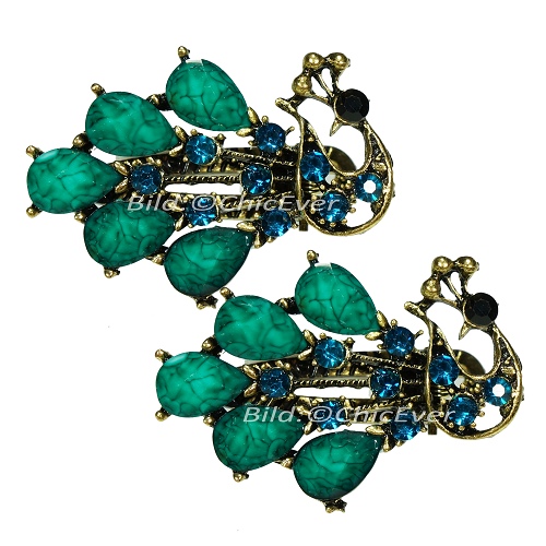 2x Haarspangen Pfau Vintage Metall Strass grün türkis gold 5658 - zum Schließen ins Bild klicken